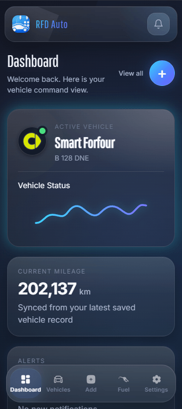 RFD Auto info monitoring dashboard showing vehicle reminders