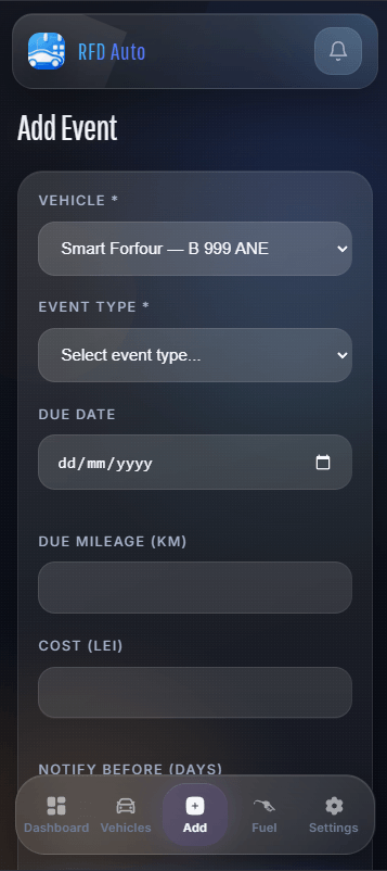 RFD Auto info monitoring vehicle maintenance screen