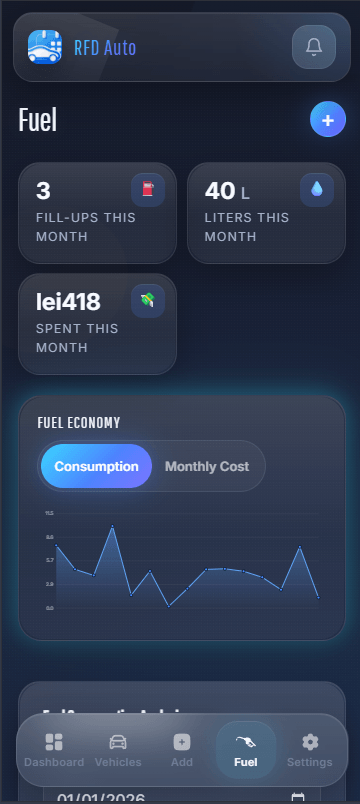 RFD Auto info monitoring fuel and vehicle records screen